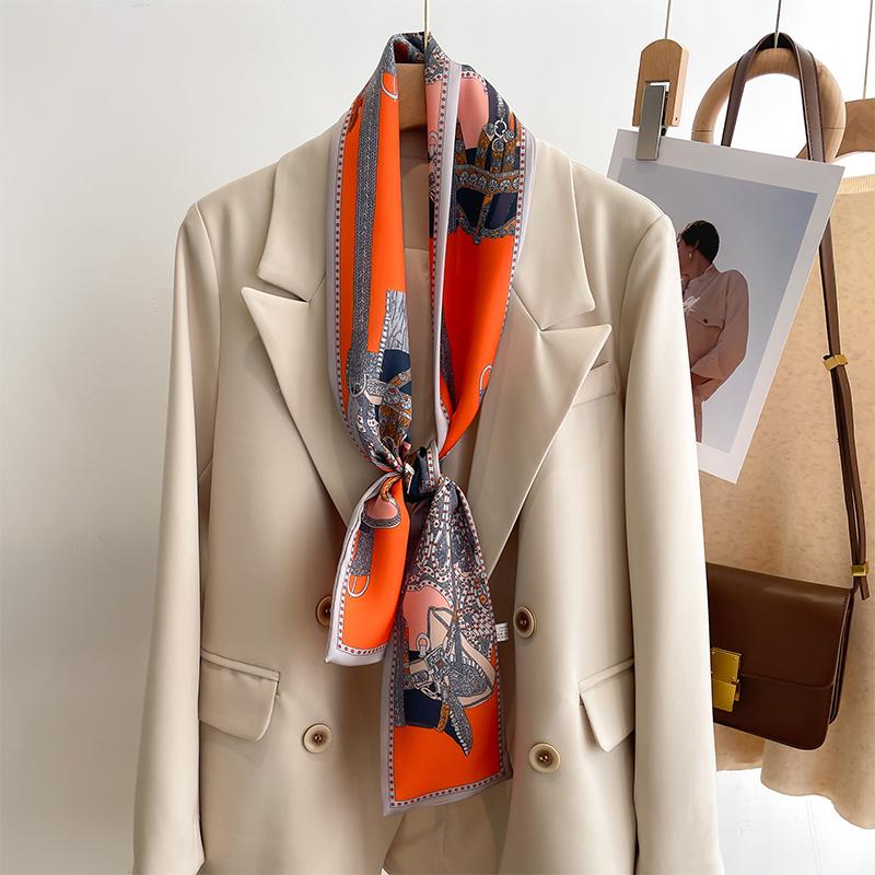 Women Silk Feel Printed Design Scarf Shawl Fashion Luxury Long Narrow Small Silk Scarves Ladies Headband Headscarve Bags Wrap