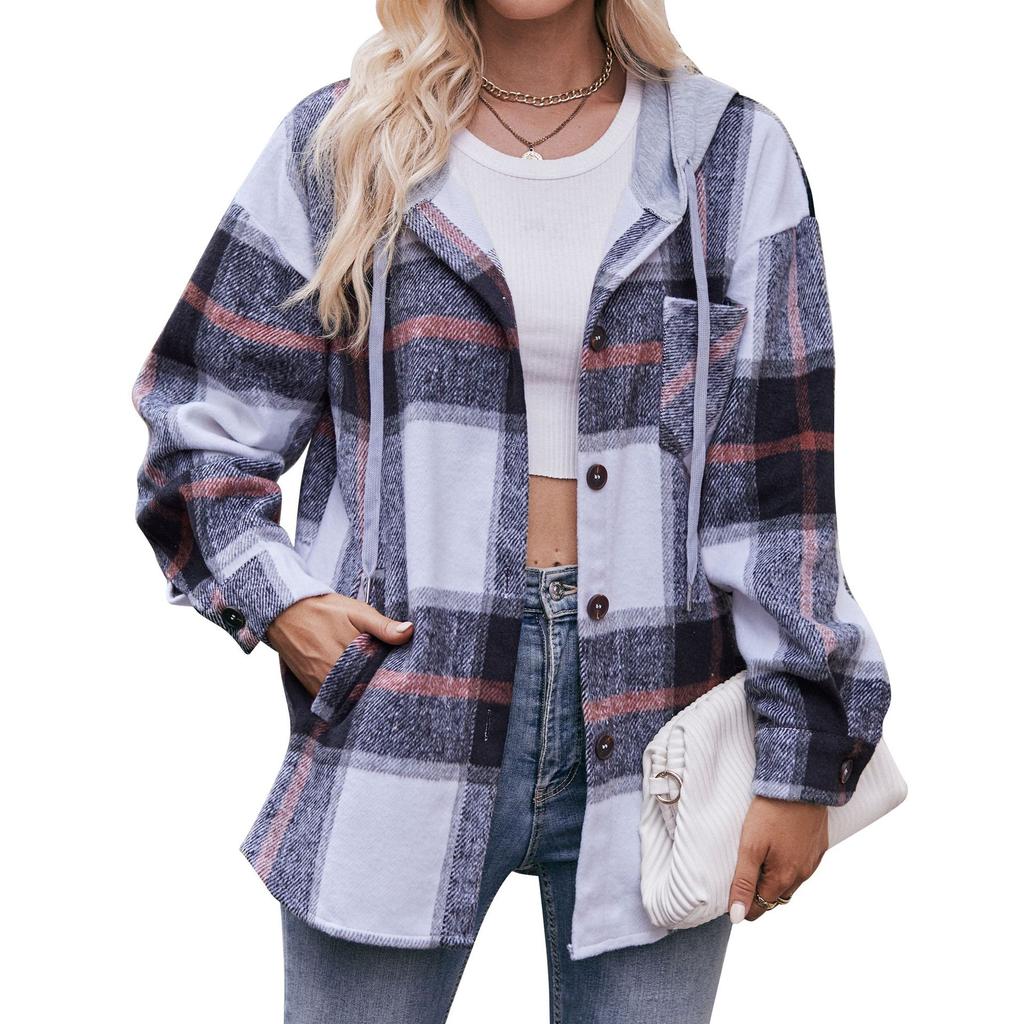 2024 New Autumn and Winter Fashion Simple Casual Hooded Plaid Shirt Loose and Comfortable Commuting Medium Length Women's Coat
