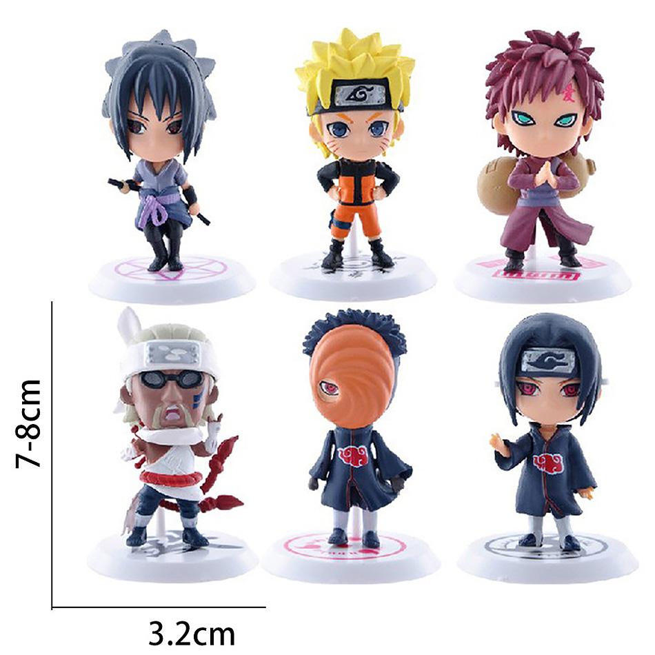 6 шт./лот Q-версия NARUTO Саске Гаара Учиха Мадара Фигурка 7-8 см 2 стиля Личностная подставка Мини-фигурки Украшение Кукла Подарки