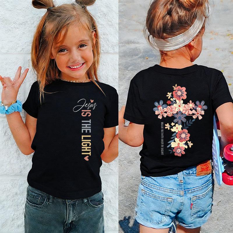 Girls Christian T Shirt Jesus Is The Light Graphic Tee Floral Cross Back Print Short Sleeve Toddler Girls Religious Faith Tops