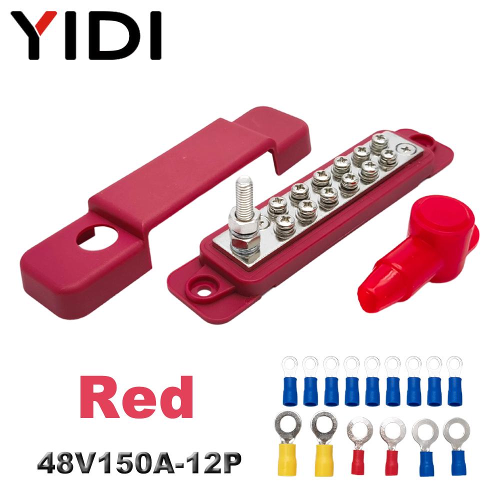 Busbar Electric Battery Power Distribution Block Screw Terminal Stud M6 Bus Bar DC 48V 12P Wire Connector Red+Black Car Boat