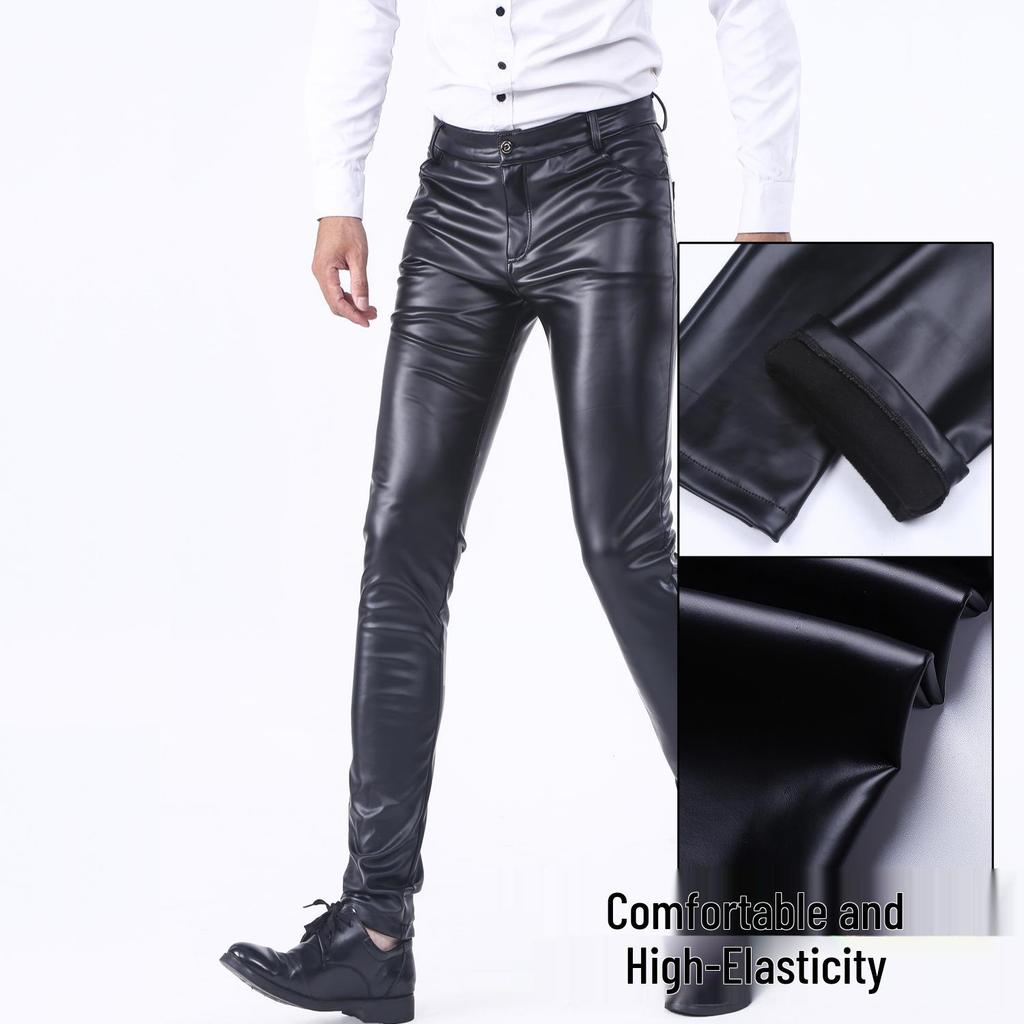 Men's Korean Style Slim Fit Motorcycle Leather Pants - Fleece-Lined, Skinny, Elastic, Spring/Autumn Trend
