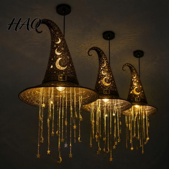 Outdoor Festive Hanging Stars Light Up Witch Hat Lamp, Glowing Halloween Ornament with Twinkling Magical Atmosphere Prop Moon, Indoor Porch