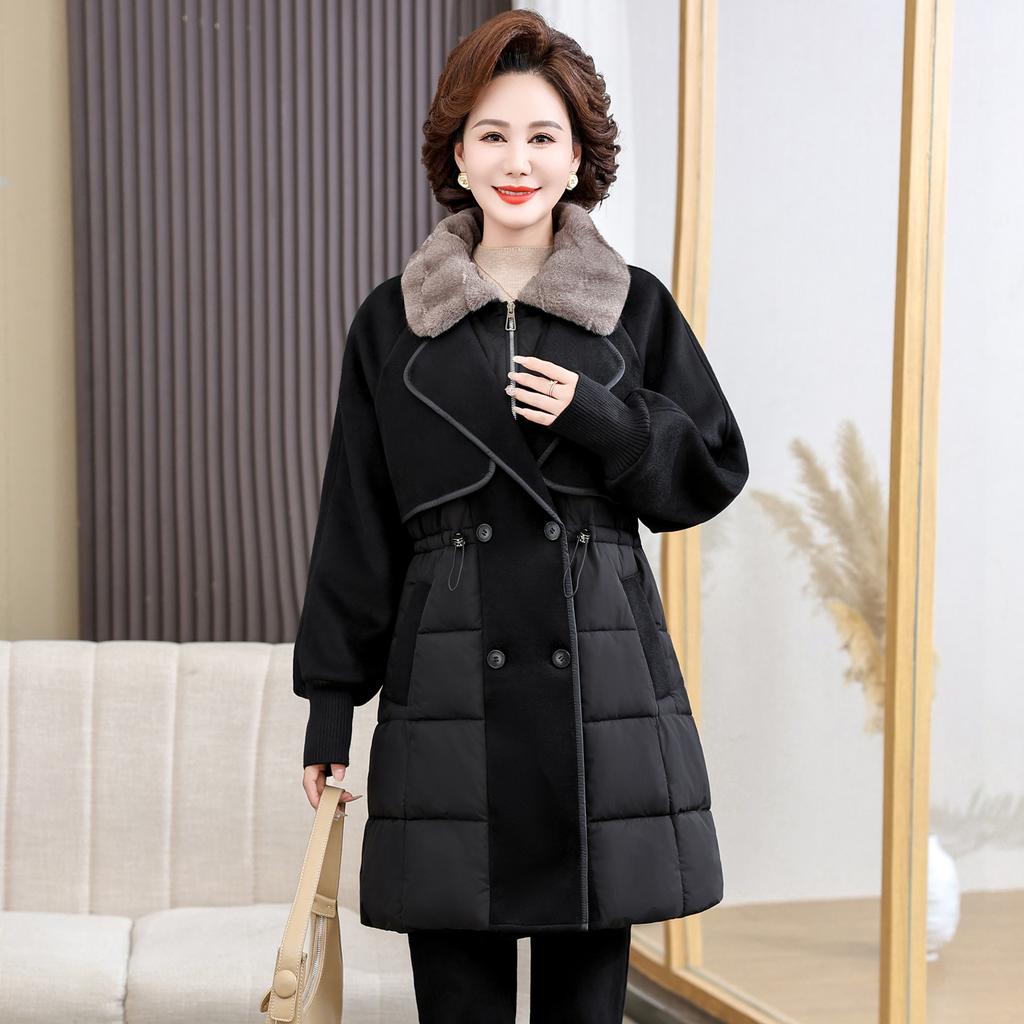 Fake two middle-aged mother winter clothes medium and long thickened cotton clothes middle-aged and elderly women's clothing woolen splicing cotton ja