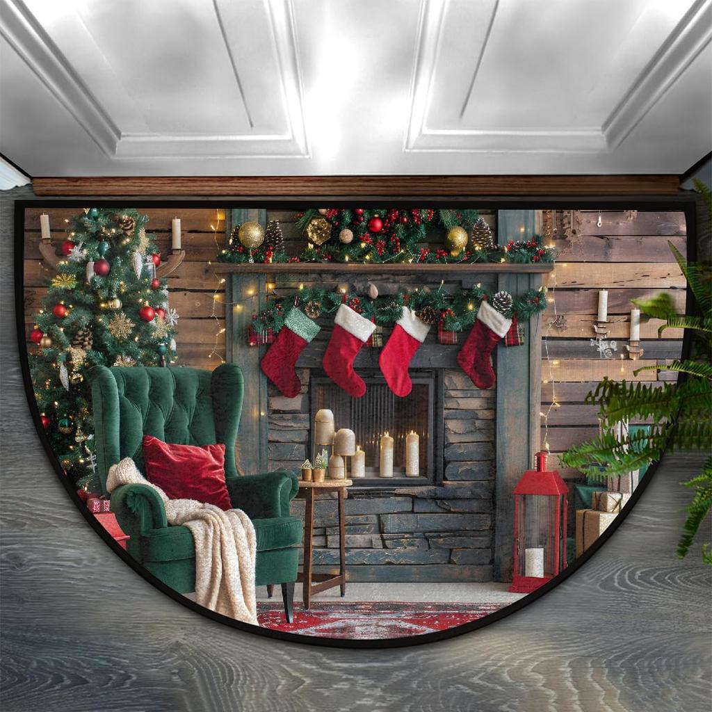 Christmas Santa Claus Gift Half Round Door Mat Non Slip Washable Semi Circle Area Rug Absorbent Soft Floor Mat Home Decor