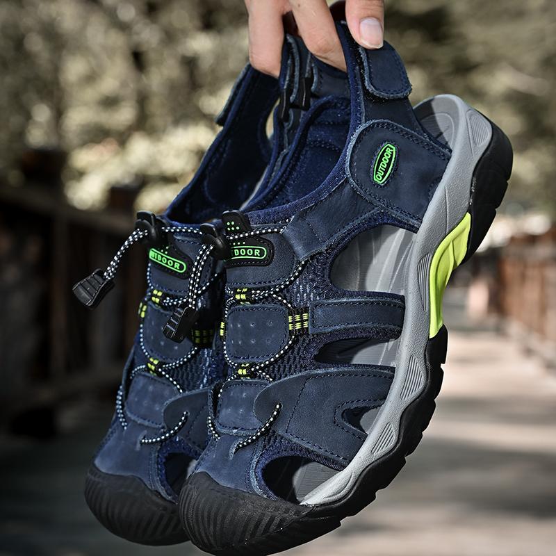 Кожаные мужские пляжные сандалии для воды, летние уличные повседневные спортивные сандалии с закрытым носком, нескользящие мягкие походные забродные кроссовки