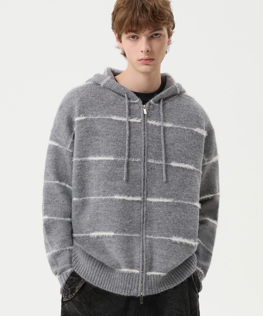 TRILLION Washable Wool Hairy Stripe Hooded Zip-Up Knit_Melange Gray