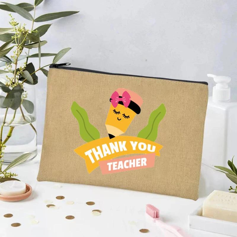 Thank You Teacher Print Linen Toiletry Bag Organizer Perfume Lipstick Cosmetic Bag Office Supplies Pencil Bag Teacher's Day Gift