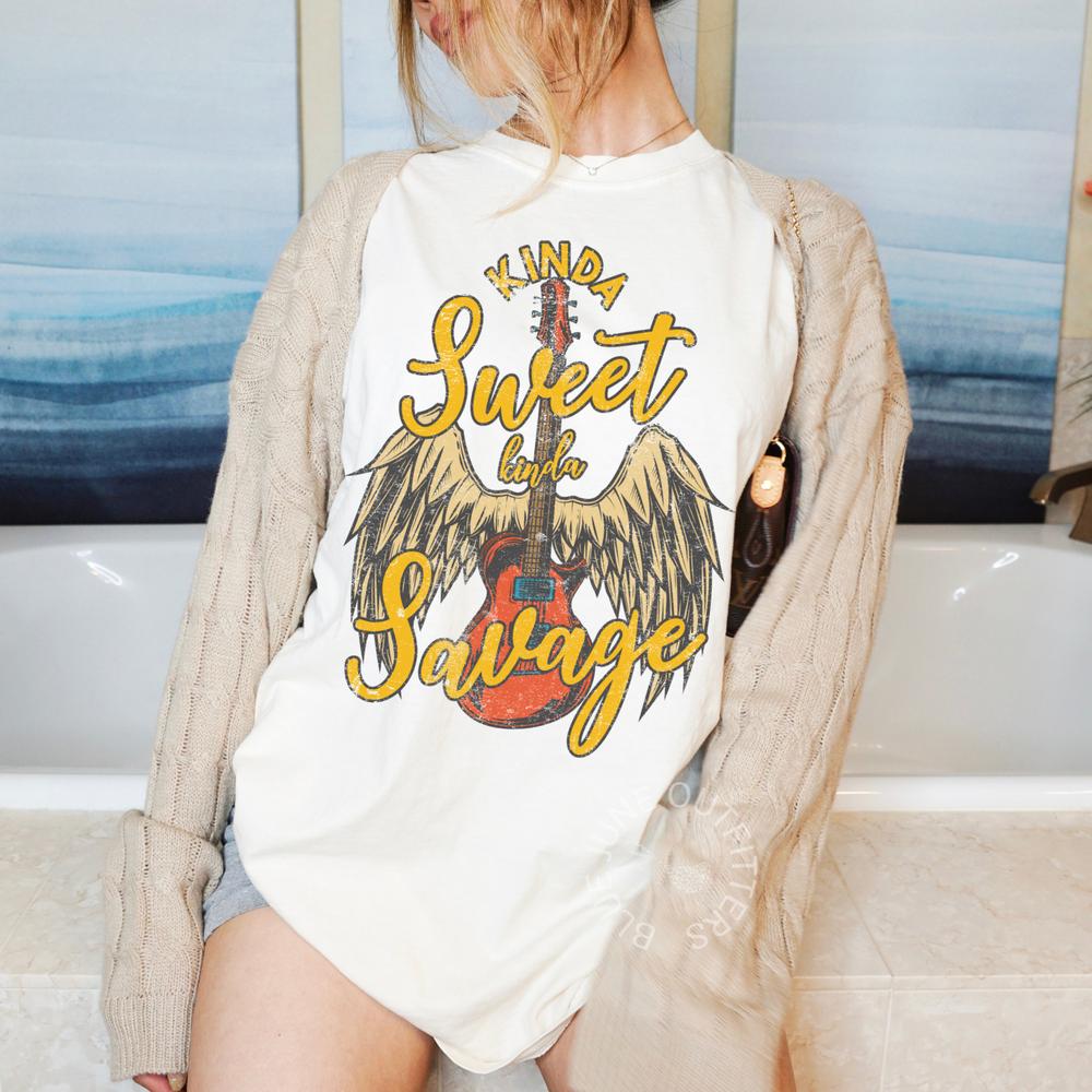 Kinda Sweet Kinda Savage T-Shirt Guitar Wing Graphic Tee Country Rock Shirt