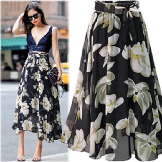 Womens Plain Knee Length Soft Stretch Flared Printed Skater Midi Skirt