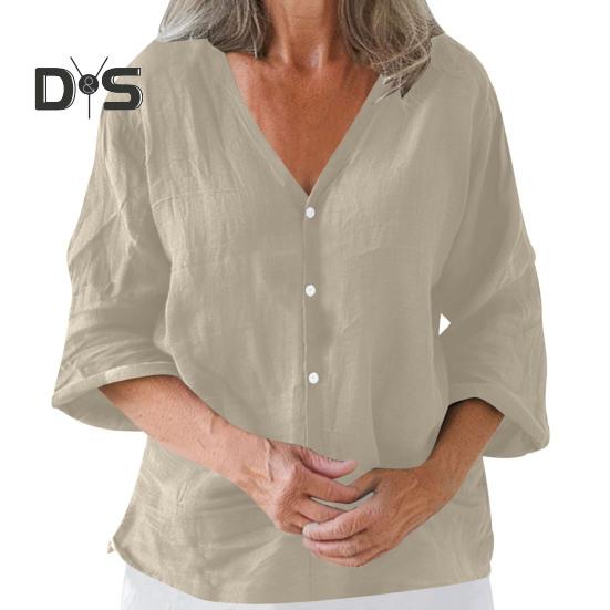 Женская рубашка свободного кроя с V-образным вырезом и рукавом 3/4, летняя застежка на пуговицы, однотонная повседневная футболка на каждый день