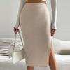 Women Midi Skirt High Waist Side Slit Design Knitting Skirt Solid Color Hip Wrapped Office