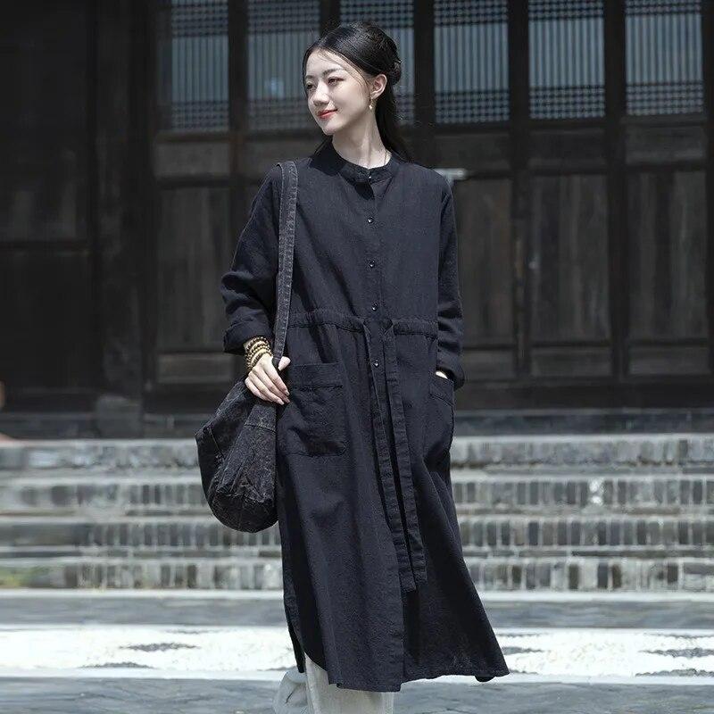 Johnature Women Chinese Style Bandage Trench Stand Long Sleeve Solid Color Autumn Coats Button Pockets Trench