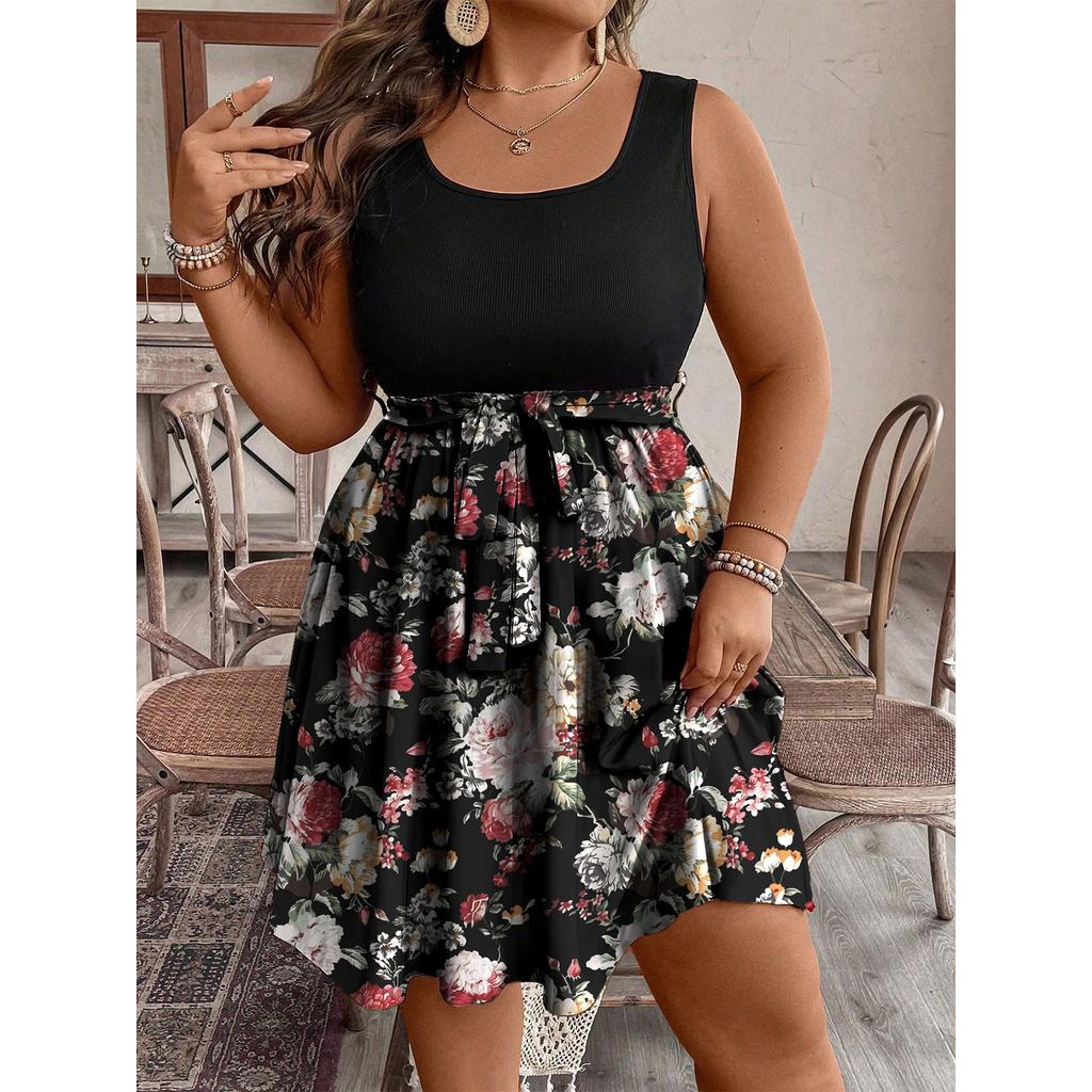 Женское модное повседневное платье без рукавов с цветным принтом и поясом большого размера