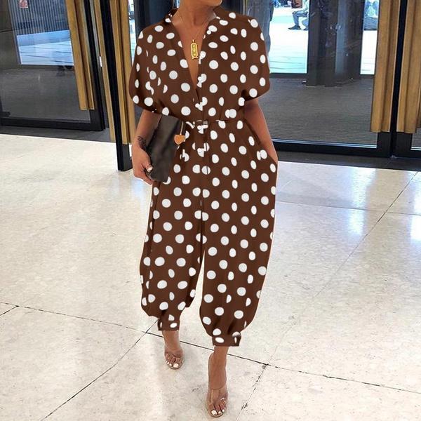 Комбинезоны, женские комбинезоны с короткими рукавами в горошек, повседневные свободные комбинезоны с воротником с лацканами и карманами, летние шаровары