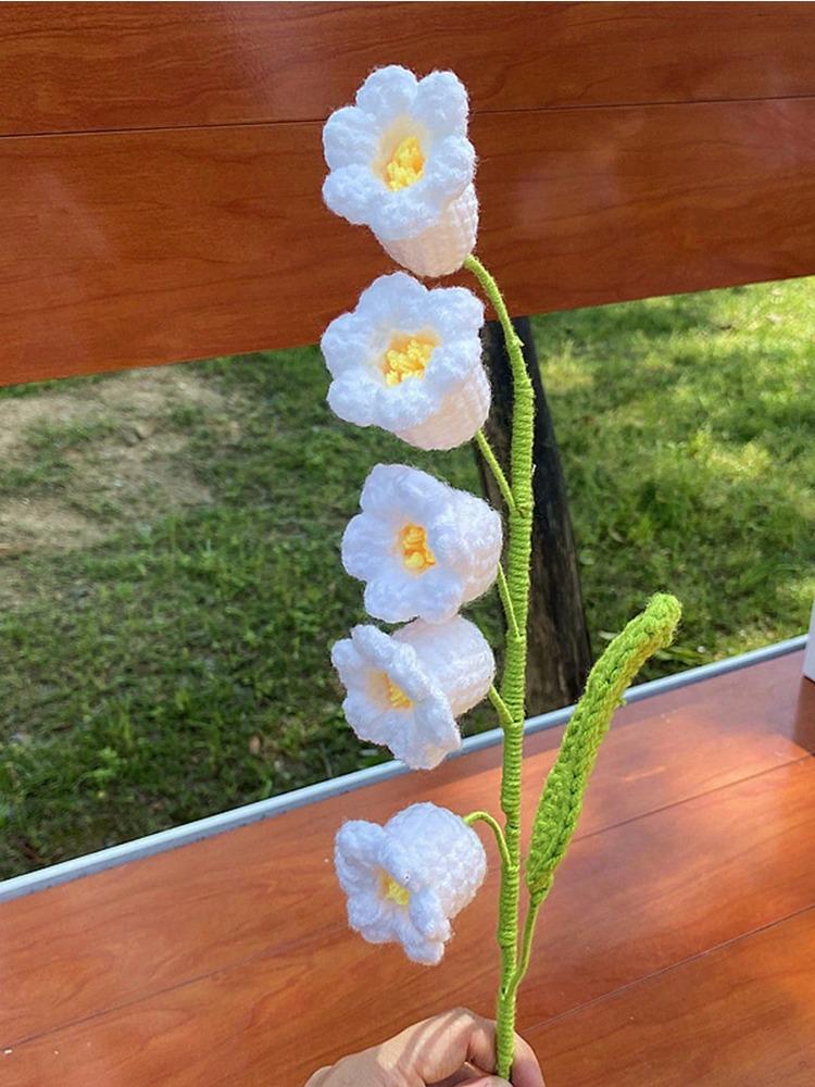 3PCS Artificial Crochet Flowers Handmade Knitting 5Heads Lily of The Valley Woven Flowers with Stems for Valentine's Gifts Home Wedding Party Office