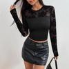 Women's Solid Color Lace Stitching Round Neck Long Sleeve Slim T-shirt Top Women