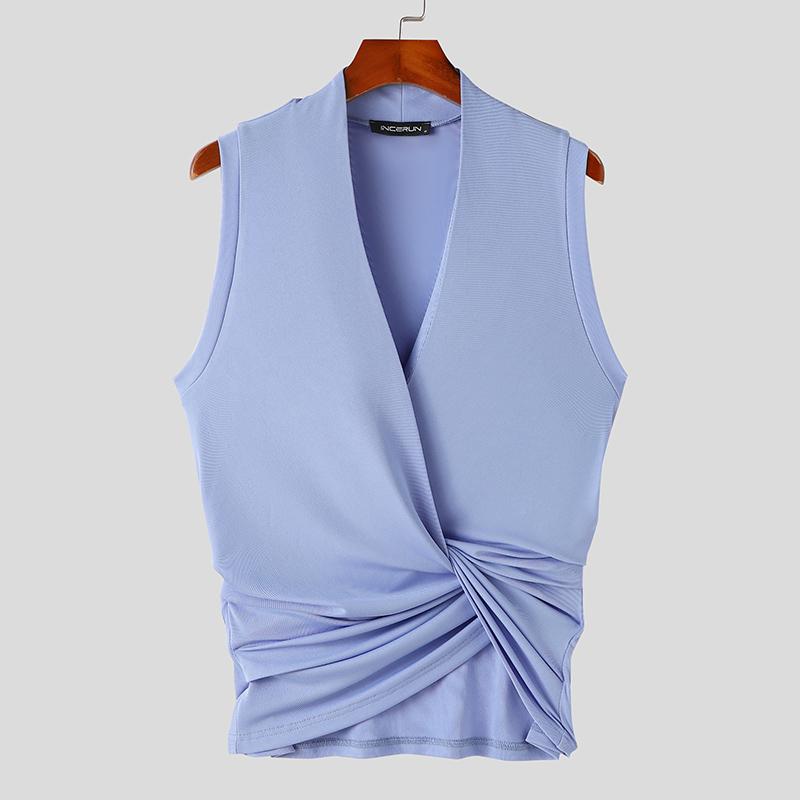 INCERUN Мужские майки без рукавов с глубоким V-образным вырезом, летние, с перекрещивающимися спереди жилетками