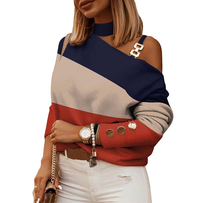 1PC рубашки весенняя блузка контрастного цвета топы цепочка свисающая горловина диагональные плечи пуловер женская мода