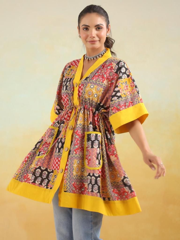 Верхняя туника из хлопка с ручным принтом, кафтан, туника из хлопка с карманами, свободного кроя, туника свободного размера, красно-желтый кафтан, ограниченный тираж