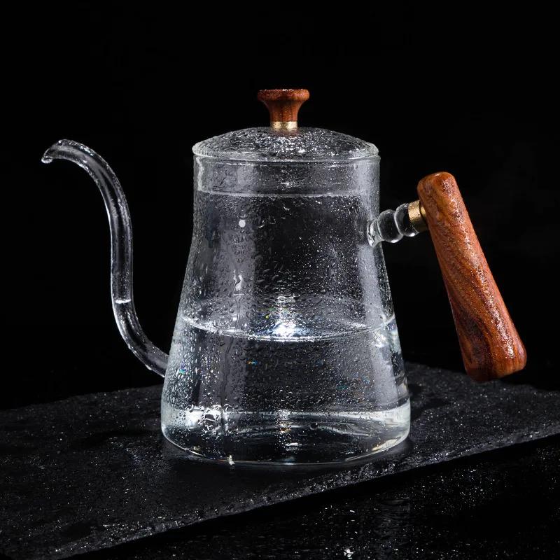 600ml Glass Coffee Pot With Wooden Handle Goose Beak Kettles Gooseneck Kettle Hand Drip Kettle Accessories Teapot Accessories