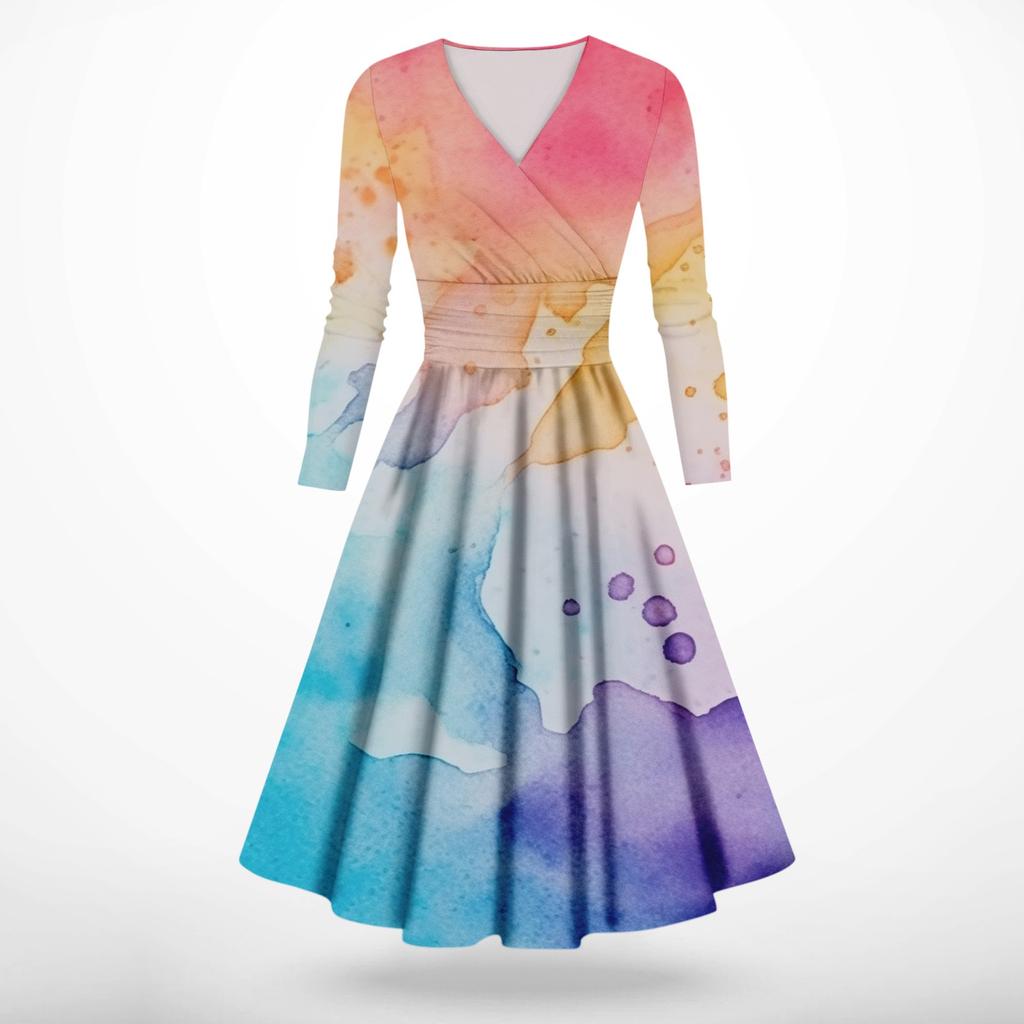 Женская мода повседневное платье с длинным рукавом и v-образным вырезом с принтом и карманами