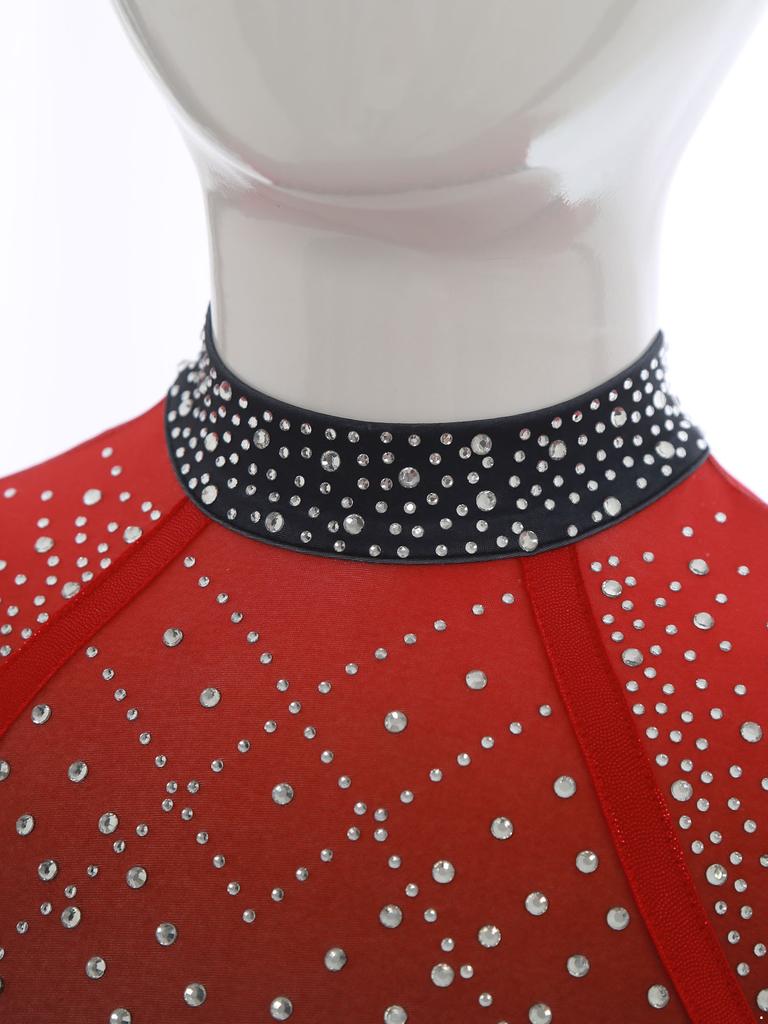 Girls Color Block Ballet Leotard Shiny Faux Diamonds Rhinestone Long Sleeve Gymnastics Ballerina Jumpsuit