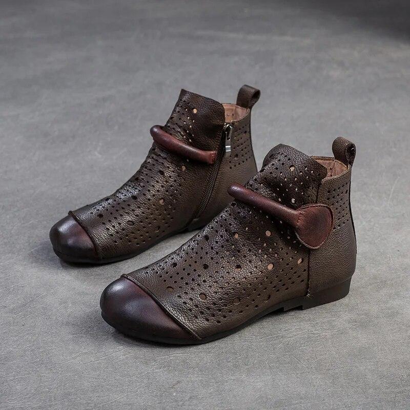 Johnature Genuine Leather Hollow-out Boots Retro Round Toe Breathable Sandals Versatile Women Flat Shoes