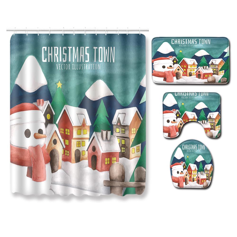 Christmas Shower Curtain Floor Mat Combination Four-Piece Bathroom Non-Slip Door Mat Foot Mat Bedroom Living Room Carpet