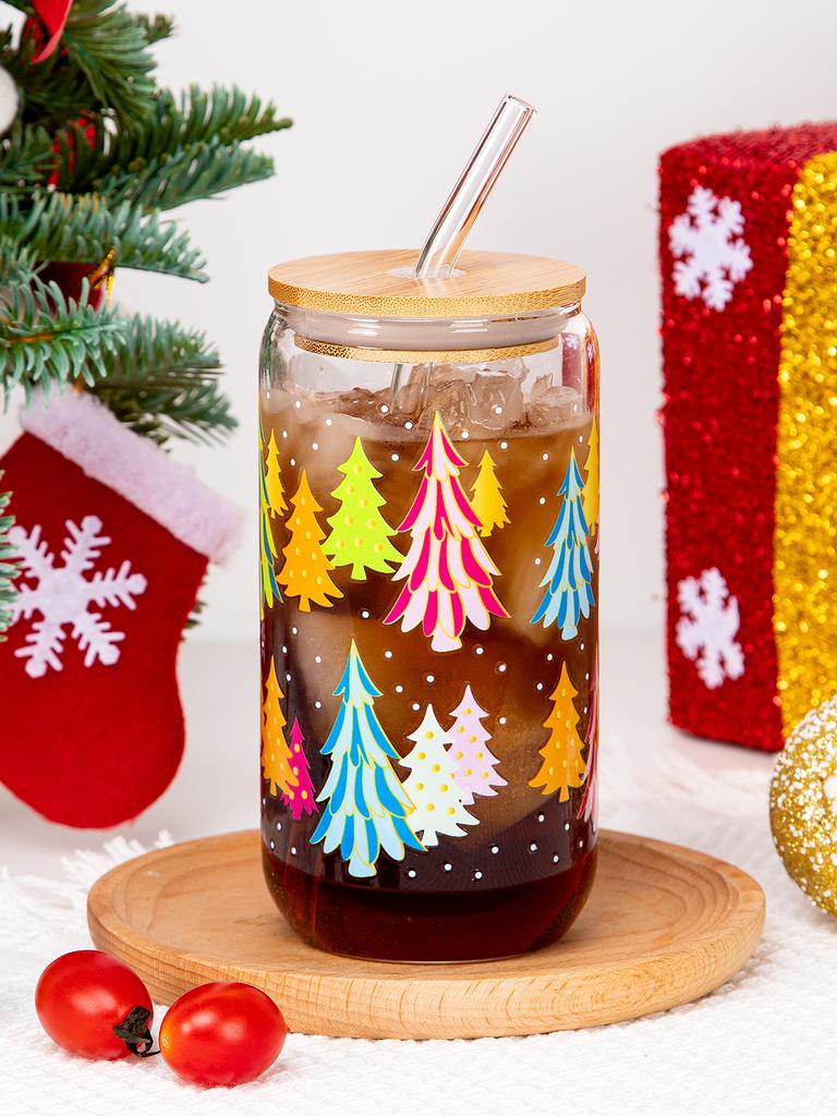 500ml Christmas Glass Cup Xmas Tree High Borosilicate Drinking Glass With Lid&Straw,Brush Juice Coffee Cup Christmas Gifts