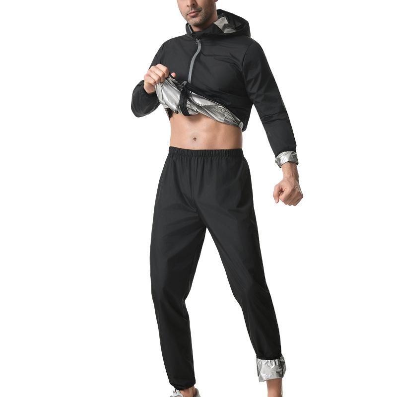 Men Hooded Sauna Sweat Suit Full Zipper Jacket Pants Set, Workout Body Shaper for Running Gym Training