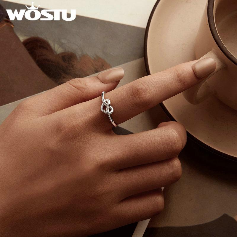 WOSTU Женское кольцо из стерлингового серебра 925 пробы, простое сердце с полым отверстием и узлом, регулируемые кольца в форме сердца в стиле минимализм