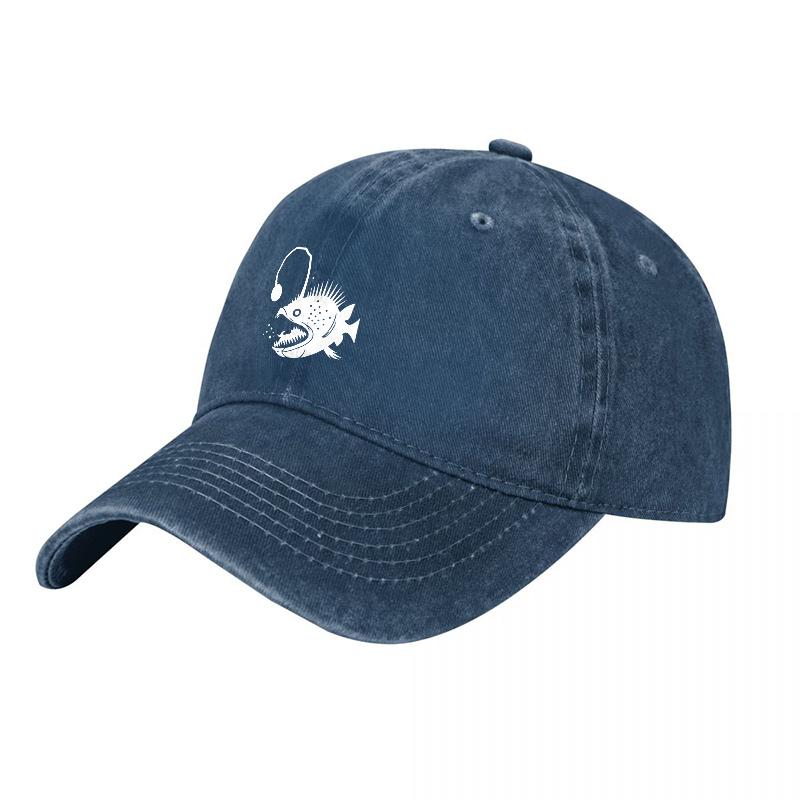 Angler Fish Design Washed Cotton Baseball Cap Dark Gray Embroidered Sea Creature Pattern Adjustable Dad Hat