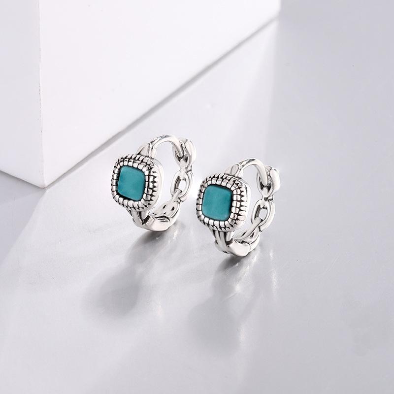 New Original Inlaid Turquoise 925 Sterling Silver Jewelry Retro Simple Geometric Earrings 3287