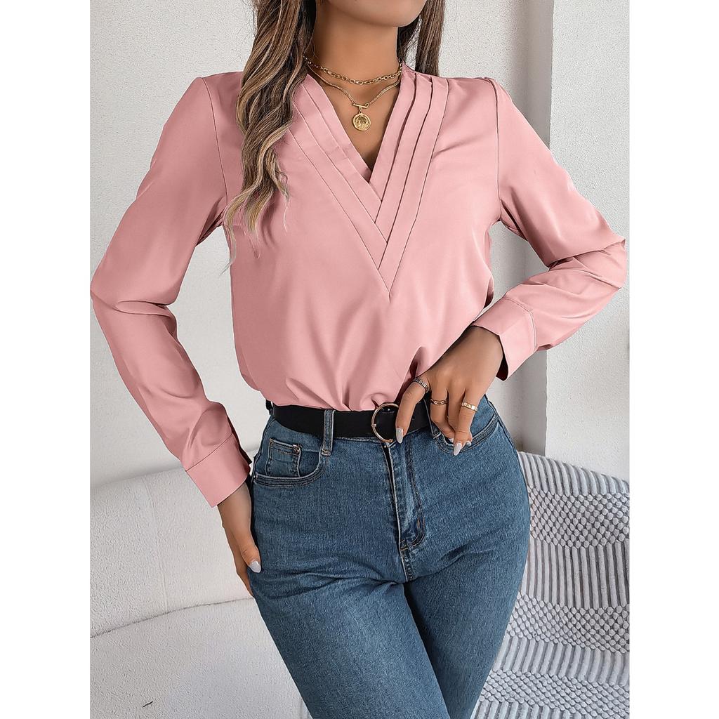 GMXIA Elegant Solid-color Layered V-neck Long-sleeved Women's Shirt for Autumn and Winter