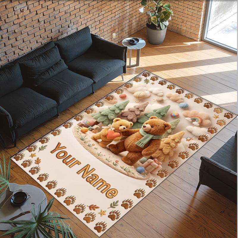 Teddy Bear Theme Crystal Velvet Rug Personalized Custom Name Text Soft Floor Mat Home Decor