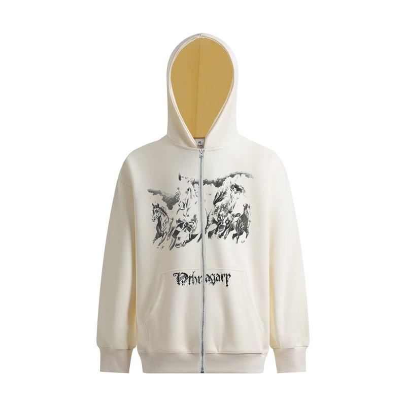 Unisex Oversized Hooded Sweatshirt With Horse Riding Print Winter Warm Cotton Blend Long Sleeve Streetwear
