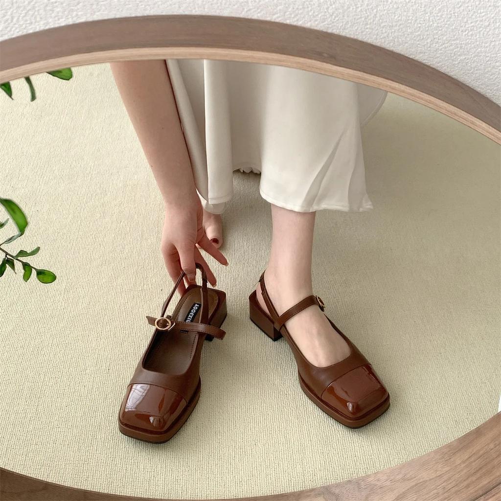 Women Square Toe Mary Jane Sandals Design Chunky Heel Dress Shoes Summer New Fashion Slingback Walking Party Pumps Zapatos Mujer
