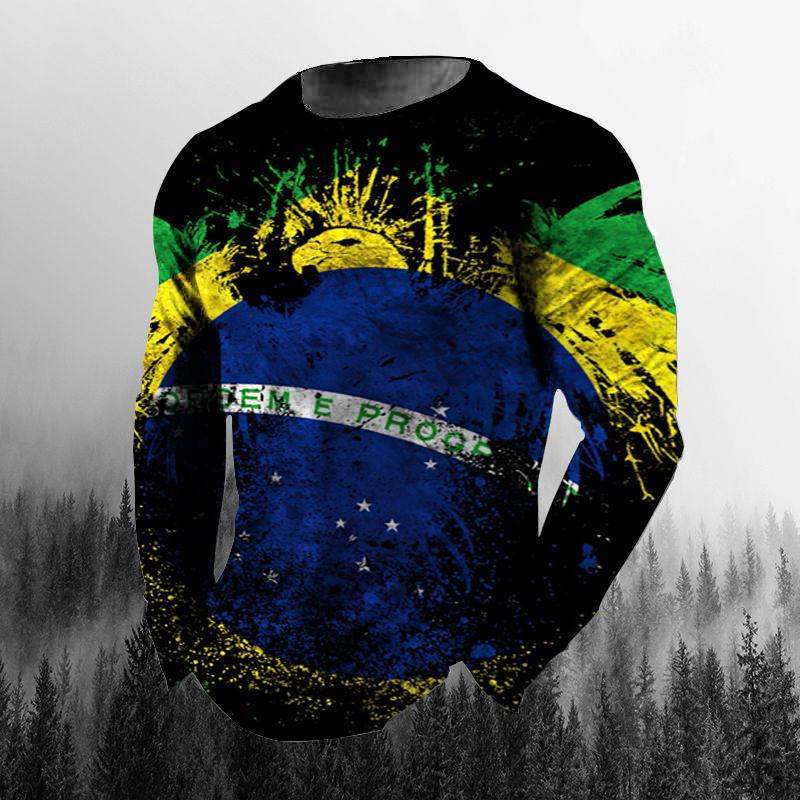 Винтажная осенняя мужская футболка с 3D принтом бразильского флага и круглым вырезом, повседневная футболка большого размера с длинными рукавами, модный пуловер, мужская одежда