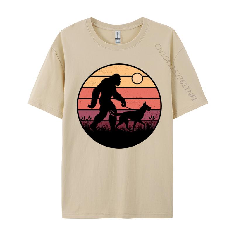 Bigfoot Walking Belgian Malinois Dog T Shirts Men Walking Cotton Tshirts Green And White Graphic T Shirt