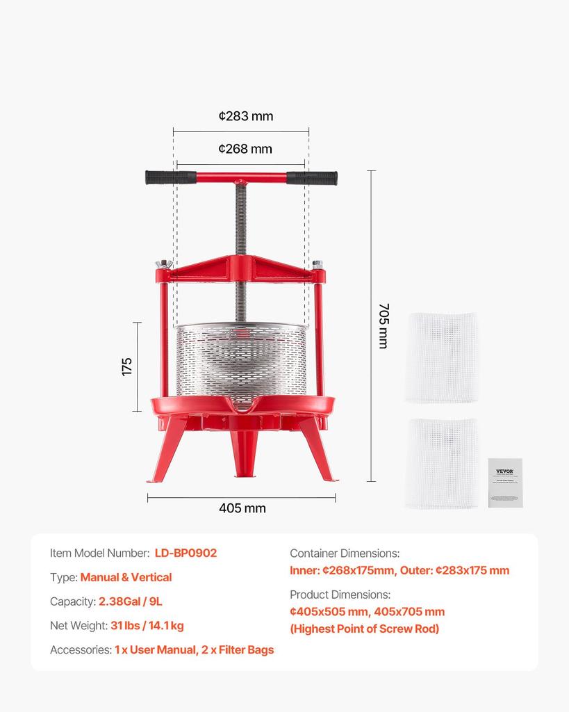 VEVOR 2.38 Gal/9L Fruit Wine Press, Stainless Steel Basket with Cross-beam and Triangular Structure, Manual Juice Maker