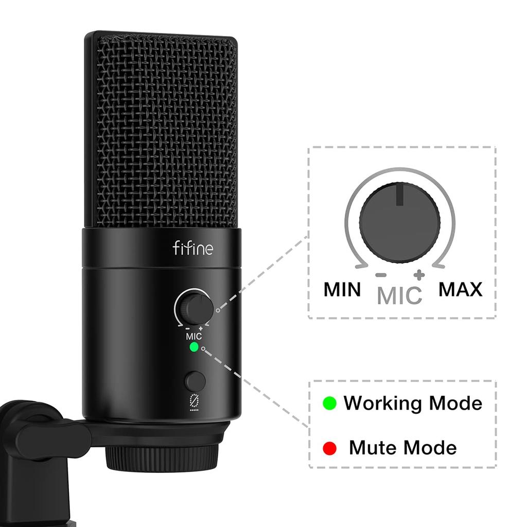 USB-микрофон FIFINE K683B для настольного ПК с поп-фильтром, студийный конденсаторный микрофон для компьютеров, с регулировкой усиления, отключением звука, разъемом для наушников, подставкой и запасным черным фильтром,