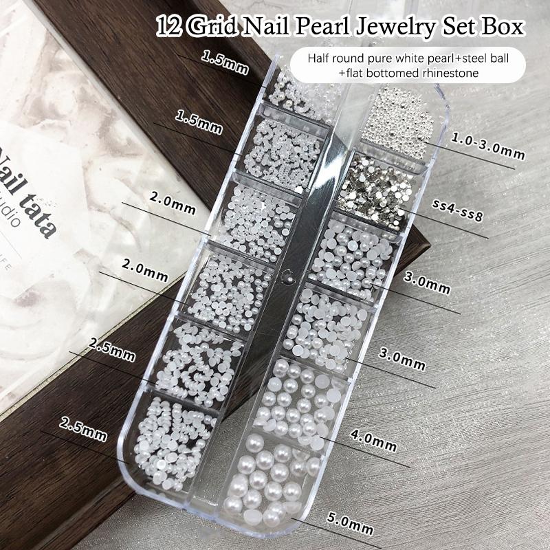6/12 Grids/Box Colorful Round Pearls Nail Beads Charms Caviar Jewels Half Round Pearl Gems for DIY Nail Art Decoration