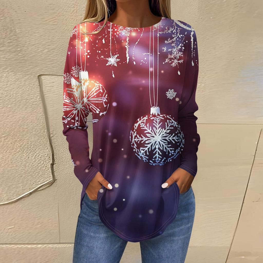 Женская свободная футболка с круглым вырезом и длинными рукавами с принтом в стиле ретро, пуловер на Рождество