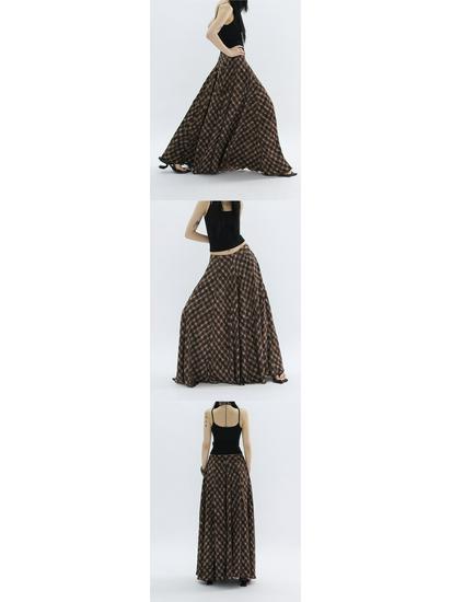 Длинная юбка-трапеция в корейском стиле ретро с клетчатым узором – женская легкая, струящаяся юбка миди с высокой талией.