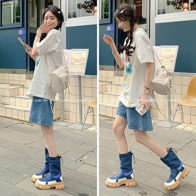 Весна Осень Новые женские сапоги до середины икры Модные ковбойские рыцарские сапоги Панк Готика Классические джинсовые парусиновые туфли Короткие туфли на платформе