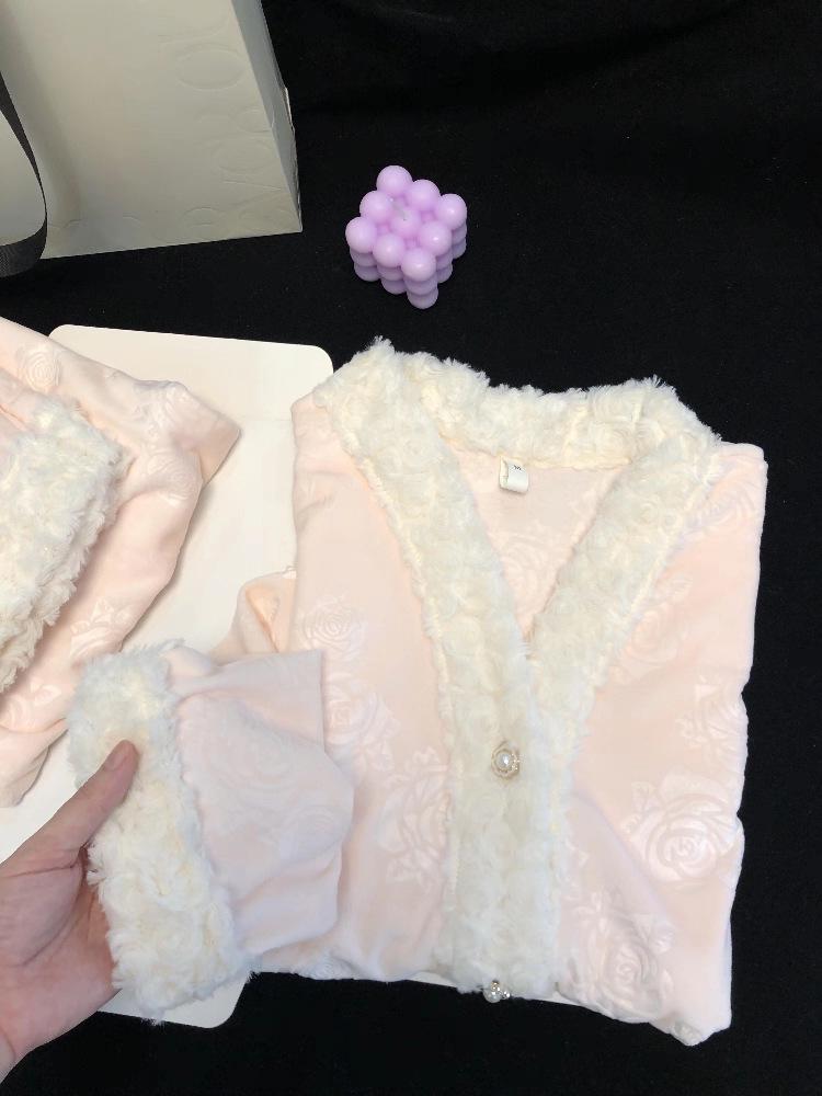 Женский пижамный комплект из розового флиса - Лонгслив и брюки, осенне-зимний стиль