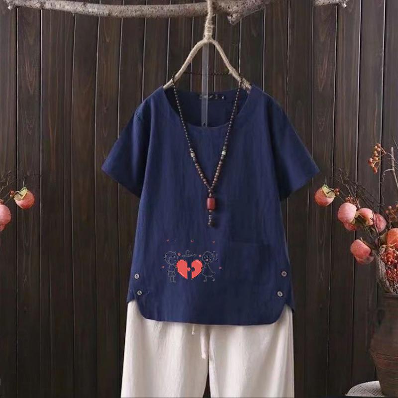 Футболка из льна с цветочным принтом, женская летняя графическая рубашка, круглый вырез в стиле бохо, размер S-4XL