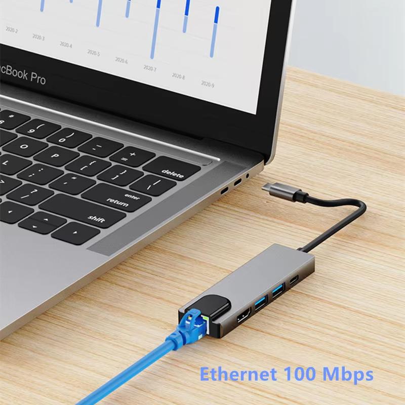 5 в 1 USB C HUB Type C док-станция 4K 30 Гц HDMI-совместимый RJ45 Lan Ethernet разветвитель SD/TF PD 100 Вт адаптер для ноутбука Macbook