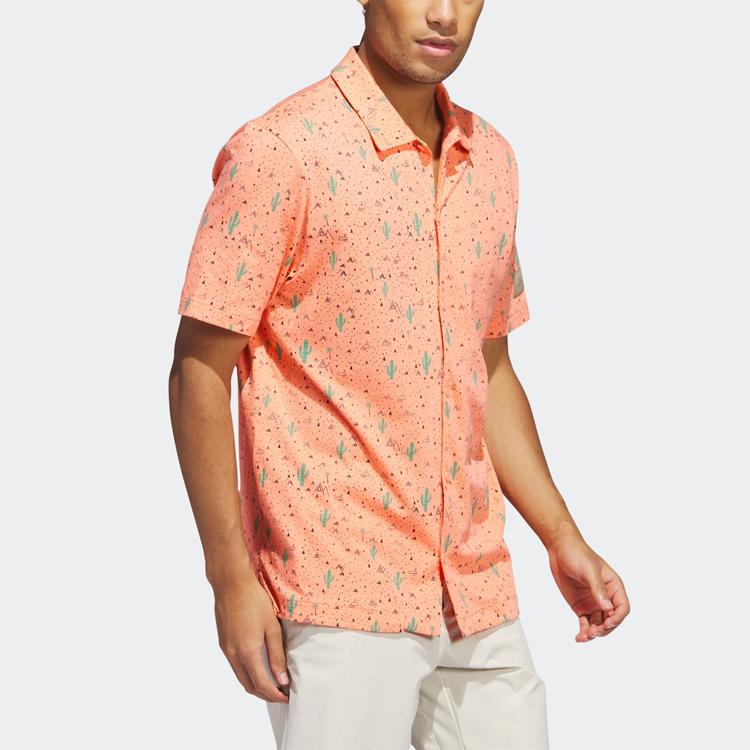 adidas Рубашка Adicross Desert Button Shirt Cactus Pattern Golf с коротким рукавом, мужские топы, кораллово-розового цвета HS3208